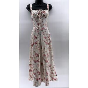 UNBRANDED Women's White-Pink Floral Sweetheart-Neck Side Slit Maxi Dress SZ M
